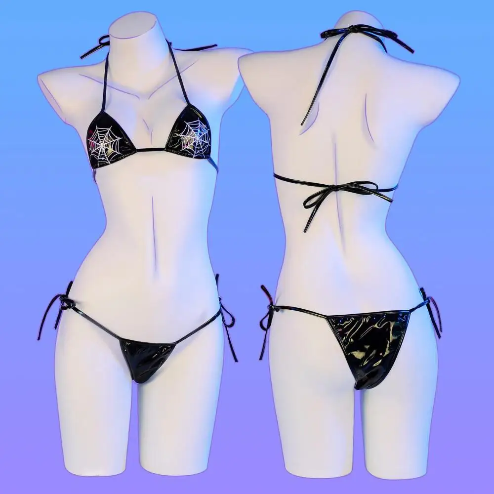 Women Spider Web Printed Bikini Swimsuit Anime Game Cosplay Outfit Leather Texture Underwear 2 Piece Set Halloween Beach Party C