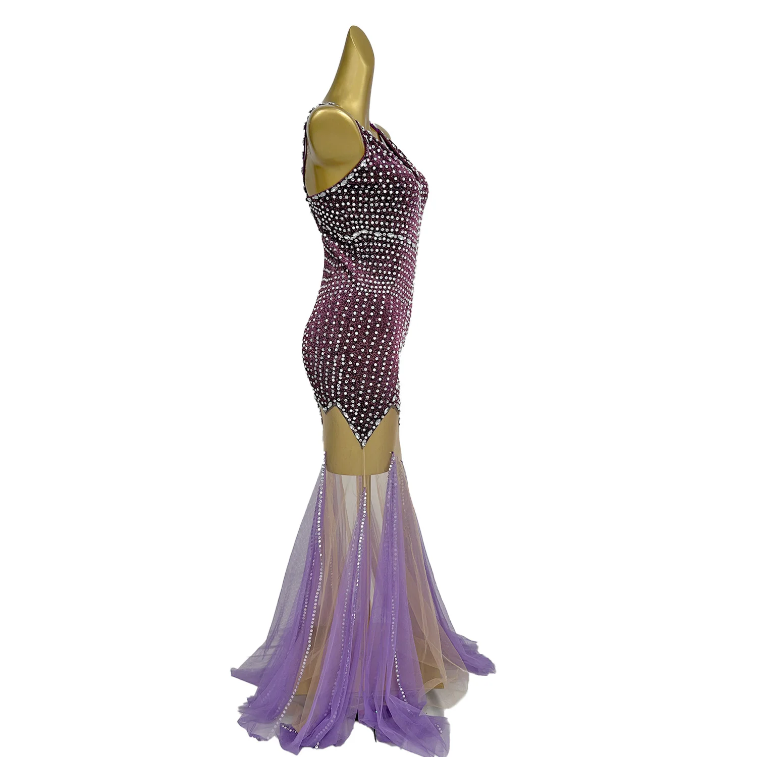 Luxury Dinners Rhinestone Fishtail Gown for Women Costume Party Elegant Sheer Mesh Long Dress Nightclub Prom Sexy Strap Dress