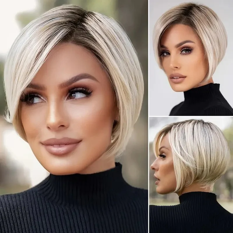 Euramerican Fashion Woman Gold Short Straight Wig 12inch Button Mesh Chemical Fiber Filament Daily Wear Simulated Hair Full Wigs