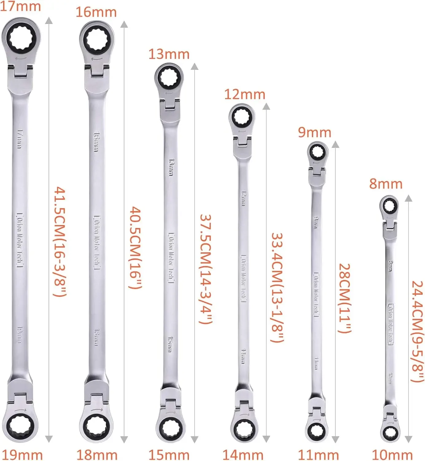 6-Piece Metric 8mm - 19mm Extra Long Gear Ratcheting Wrench Set XL Extended Handle with Flex Head 6pcs & 12 Sizes