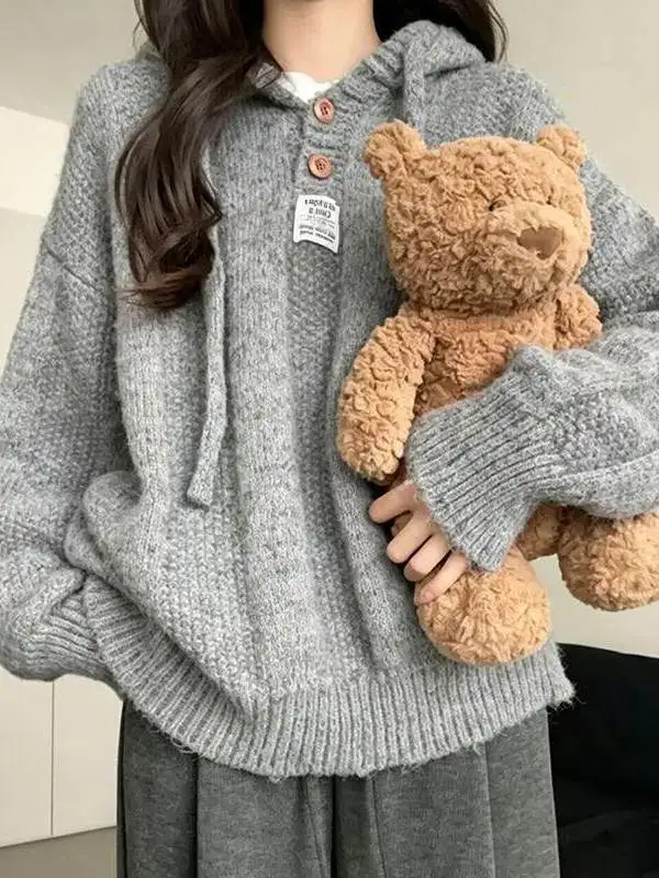 

Laid-back Style Hooded Long Sleeve Beige Knitted Sweater Women's Fashion Autumn Winter Outerwear Soft Loose Fit Warmth