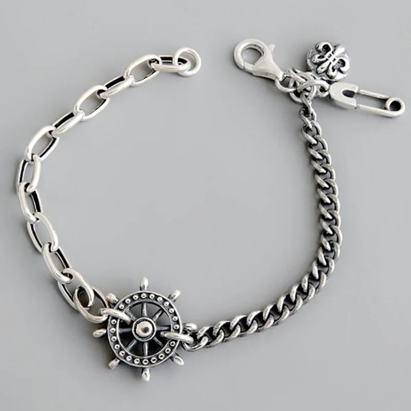 Vintage Thai silver rudder anchor women's bracelet, asymmetrical stitching, creative design, high quality workmanship