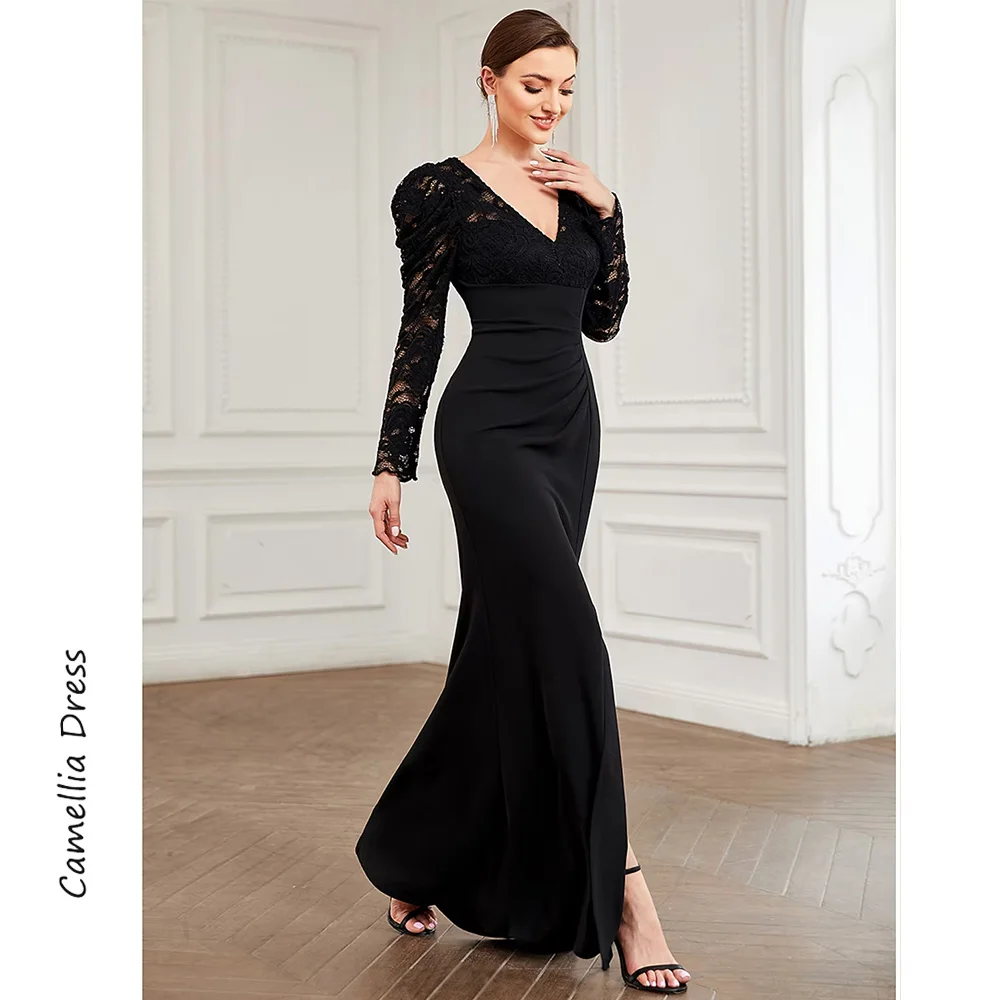 Vintage A Line Evening Dresses Simple Long Sleeve Party Dresses V Neck Lace Formal Dresses Vestidos De Fiesta فساتين السهرة