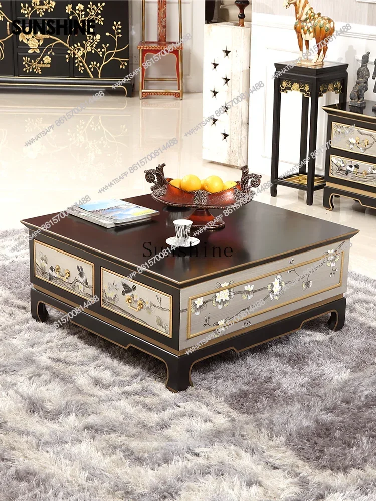 Storage solid wood paint modern new Chinese retro living room rectangular coffee tableX