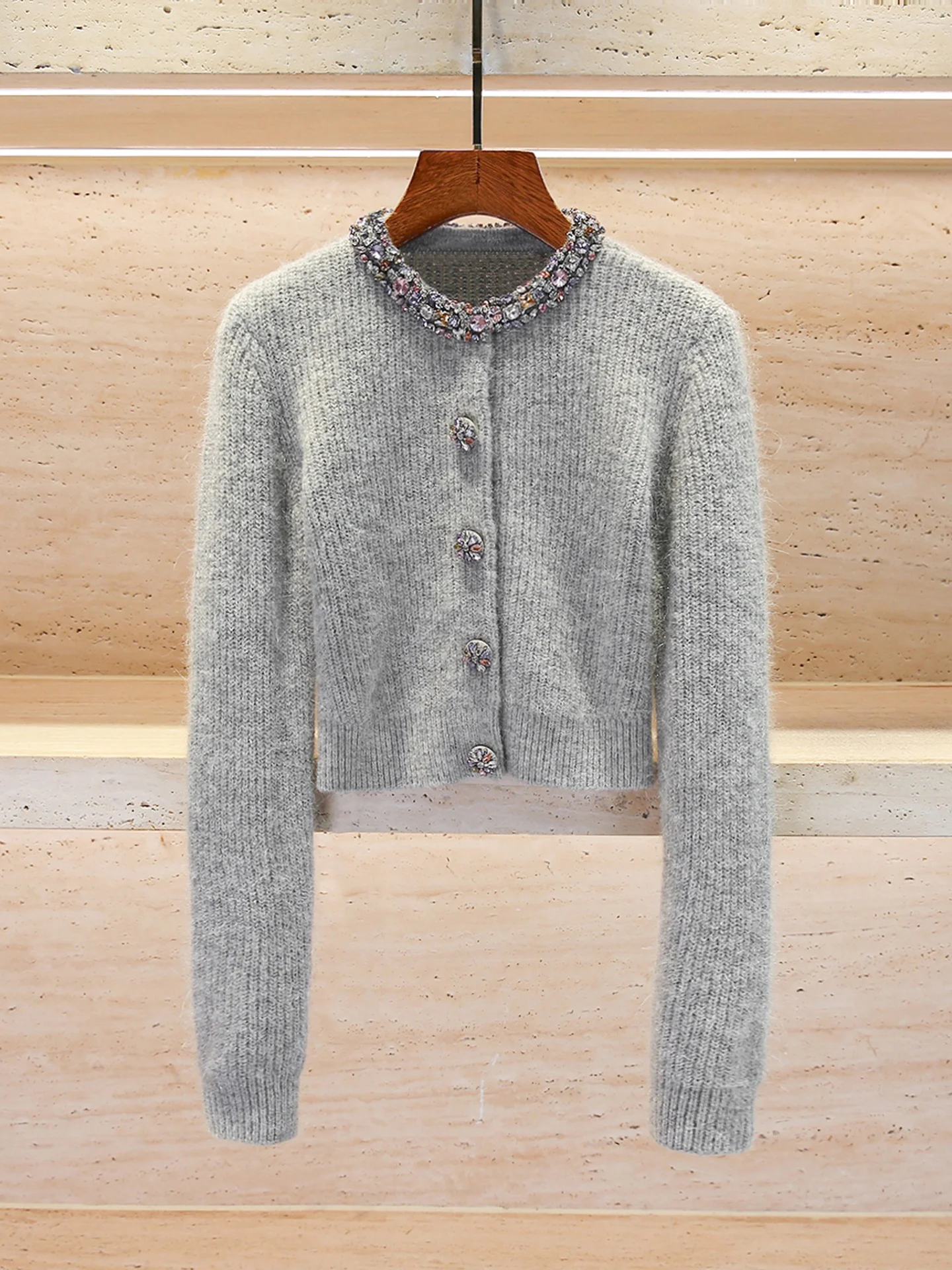 

Premium Women's Knitted Cardigan Short Sleeve round Neck Color Diamond Embellished Commute Style Comfortable Soft Fabric
