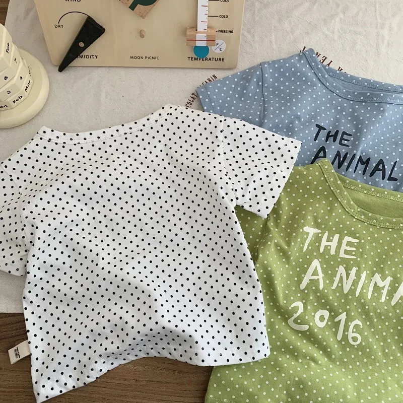 Casual Children Summer T-shirt 0-6Years Toddler Kids Short Sleeve O-Neck Polka Dot Letter Print Cotton Tee Tops Outfits Clothes