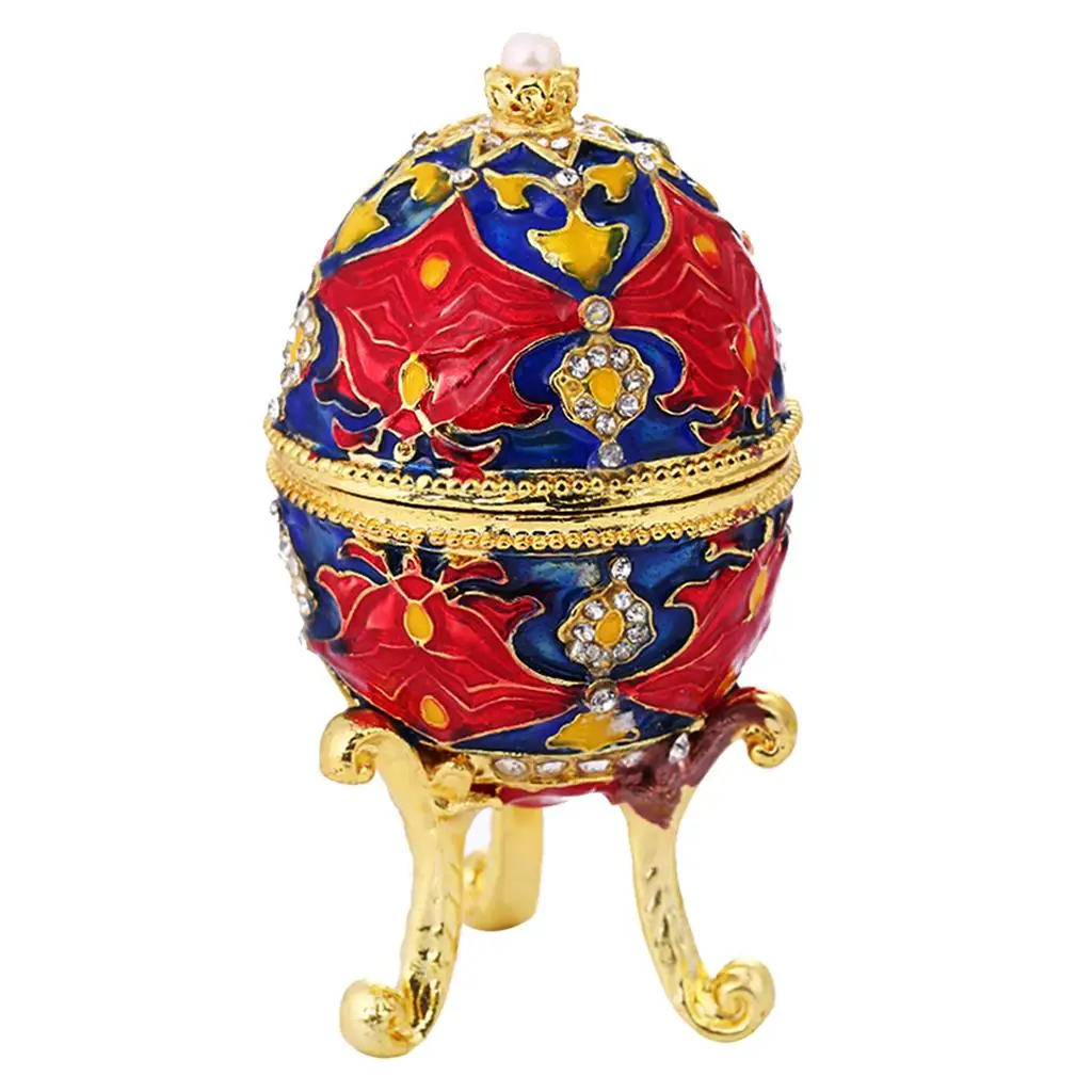 Red Easter Metal Craft Gift Flower Embroidery Russian Egg Jewelry Box Case