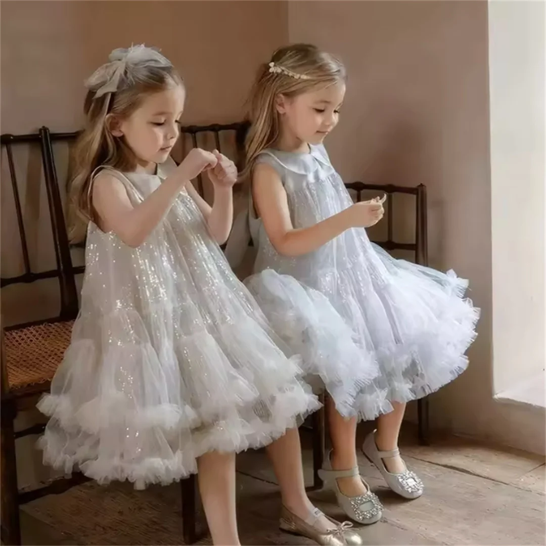 shiny mesh dress, baby doll collar, ruffled multi-layered tutu skirt, children's birthday party wedding flower girl dress