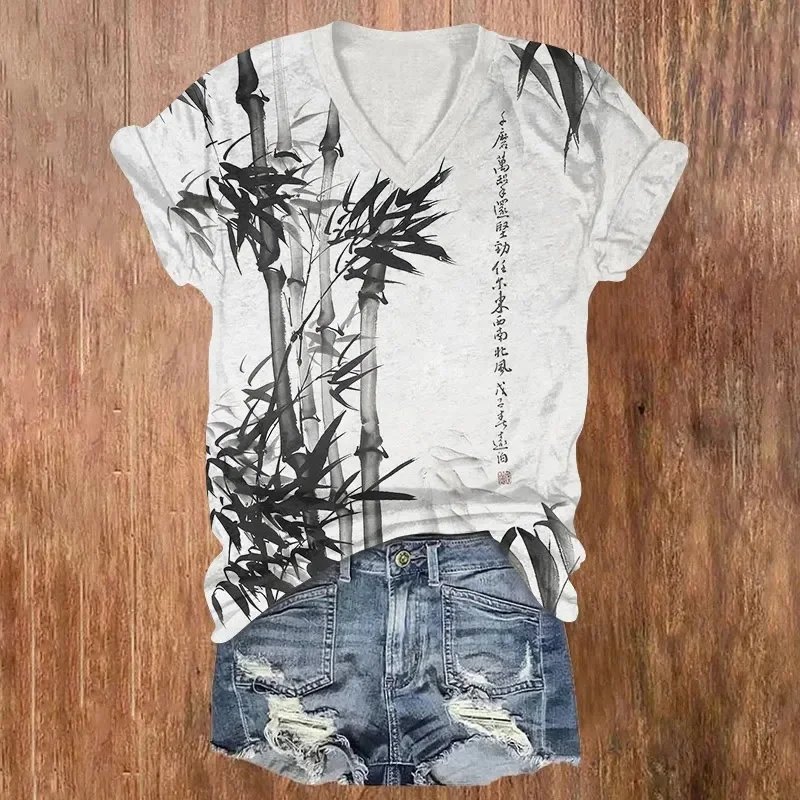 Vintage Zen Bamboo Ink Painting Pattern Print Short Sleeved V-neck T-shirt Summer Women's T Shirts