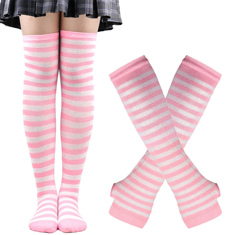 1Set Women Girls Over Knee Long Stripe Printed Thigh High Cotton Socks Arm Sleeve Gloves Anime Cosplay Stocking Glove