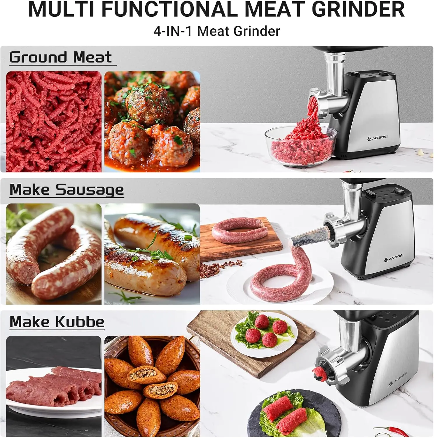 Meat Grinder, 4-In-1 Meat Grinder Electric [2800W Max] with 3 Slice, Shred Blades,2 Blades,3 Plates,Sausage Stuffer,Kubbe Kit