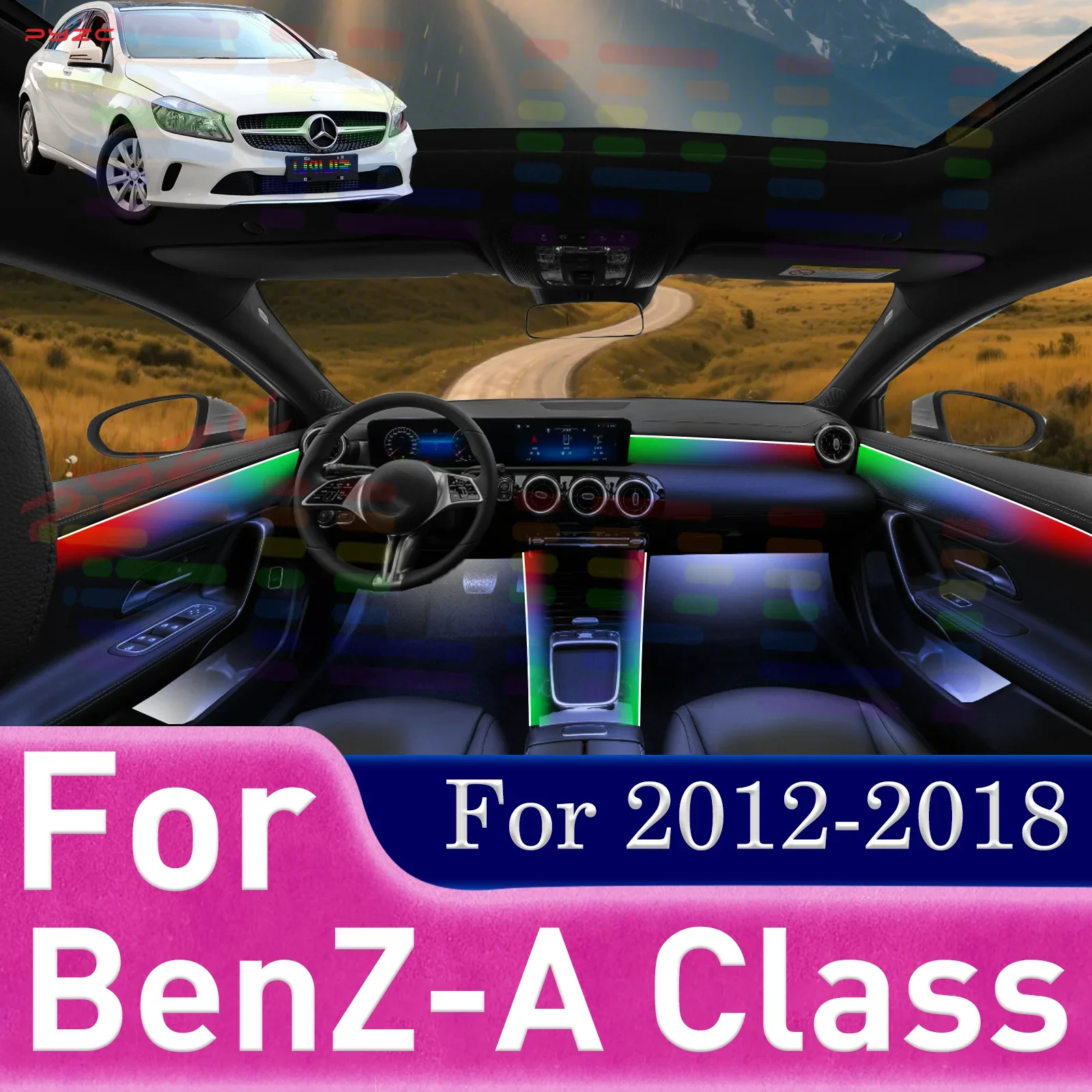 

Для BenZ A-Class для 2012-2018 64-цветный RGB симфонический интерьер автомобиля, акриловая направляющая, светодиодная лента, декор лампы управления через приложение