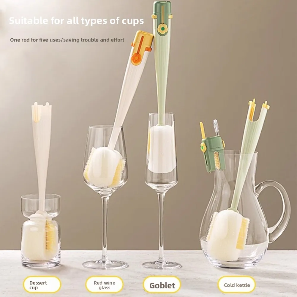Multi-purpose Five-In-One Cup Brush 360 Degrees Sponge Cup Lid Brush Long Handle Insulation Cup Brush