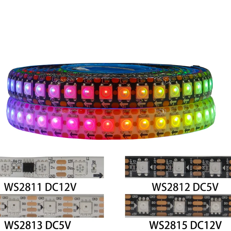 

Умная RGB Светодиодная лента WS2812B WS2811 WS2813 WS2815, 5 в постоянного тока/12 В, индивидуально Адресуемая светодиодная строка, лампа 30/60/96/144 светодиодов/м