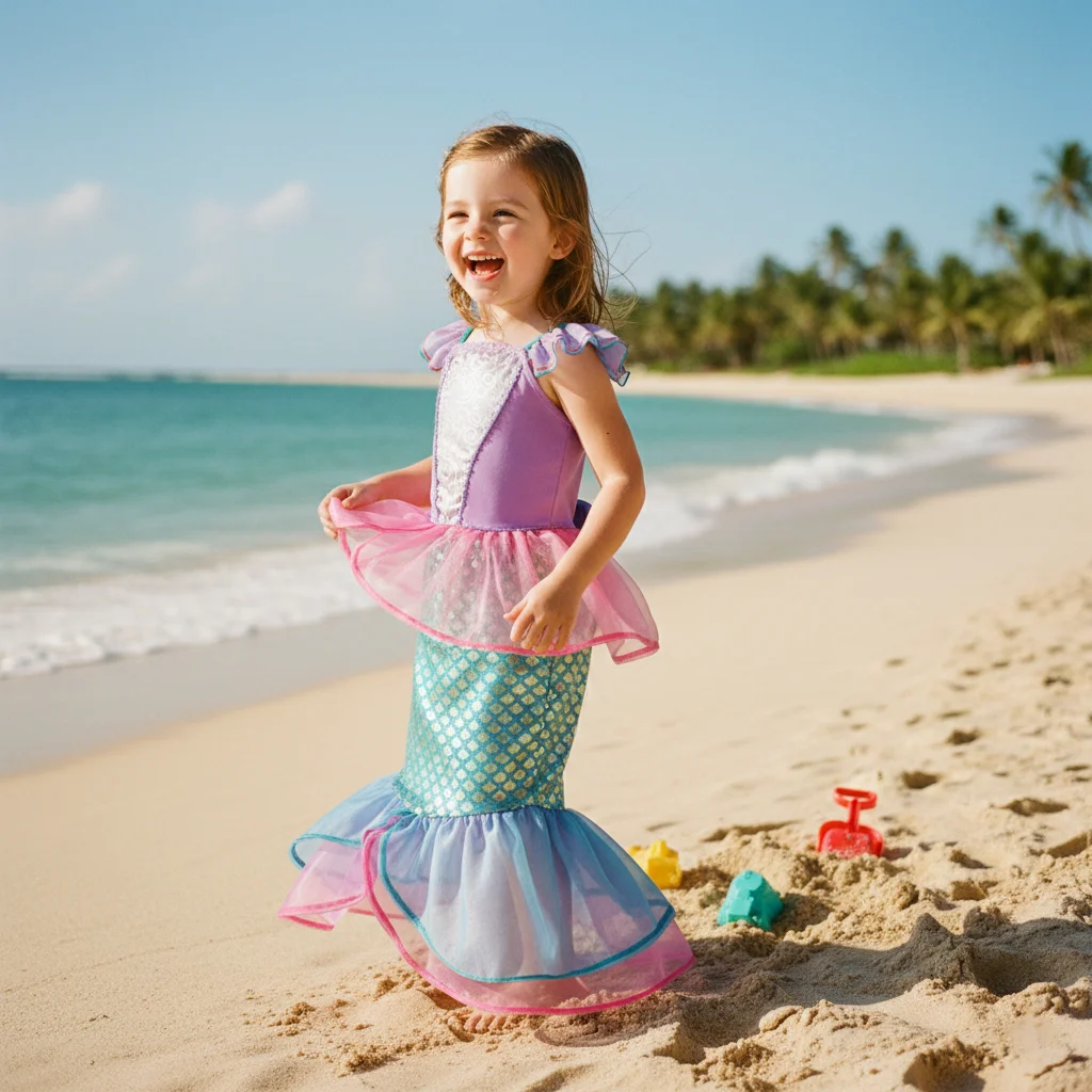 Entzückendes Ozeanprinzessinnen-Kleid mit funkelndem Schuppenmuster und Rüschenlagen, perfektes Halloween-Kostüm für Kinder-Karnevalspartys
