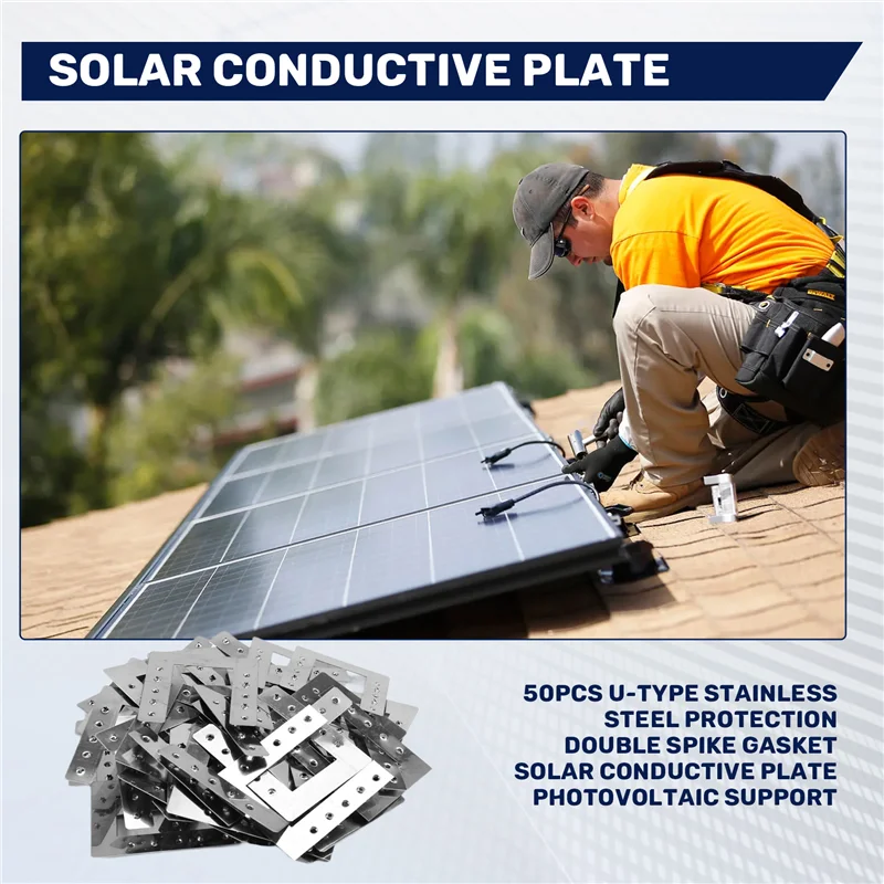 AT63-50PCS U-Type Stainless Steel Protection Gasket Solar Conductive Double Spike Plate For Photovoltaic Support