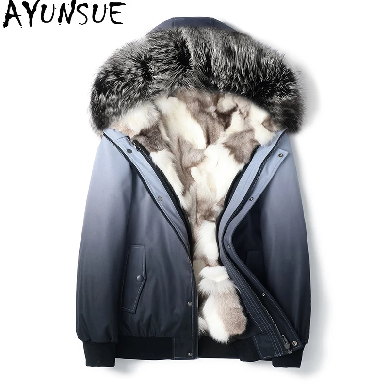 เสื้อโค้ทปาร์ก้าขนสัตว์แท้ AYUNSUE เสื้อผ้าผู้ชายสำหรับฤดูหนาว เสื้อแจ็คเก็ตบุขนสุนัขจิ้งจอกถอดได้สำหรับผู้ชาย 25 นิ้ว แขนสั้น มีฮู้ด ขนสัตว์ธรรมชาติ ปกคอปกขนสุนัขจิ้งจอก