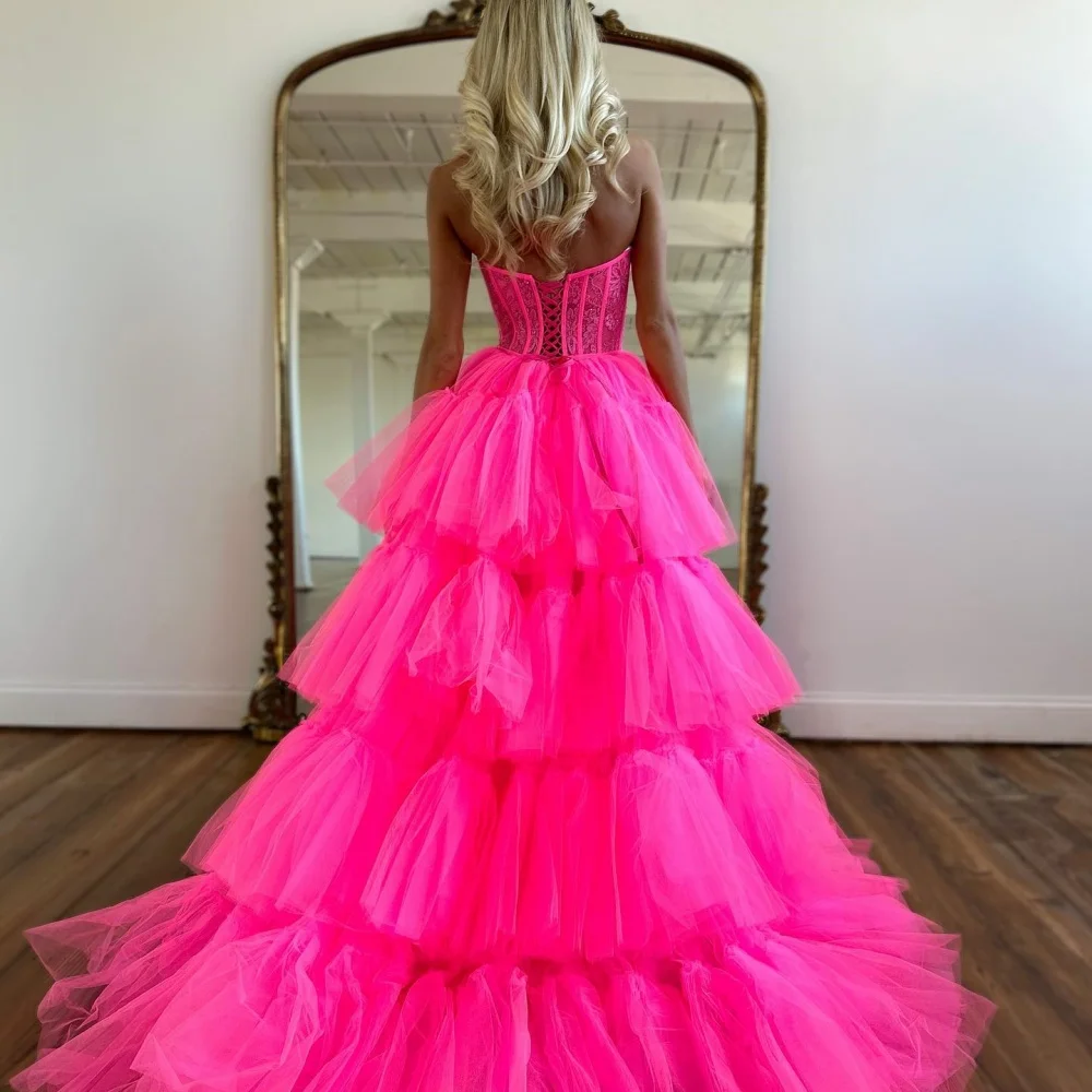 Bella Customize Pink Trailing Strapless robes de soirée Mesh Fabric Multi-Layered Prom Dresses A-line Sleeveless Wedding Dress