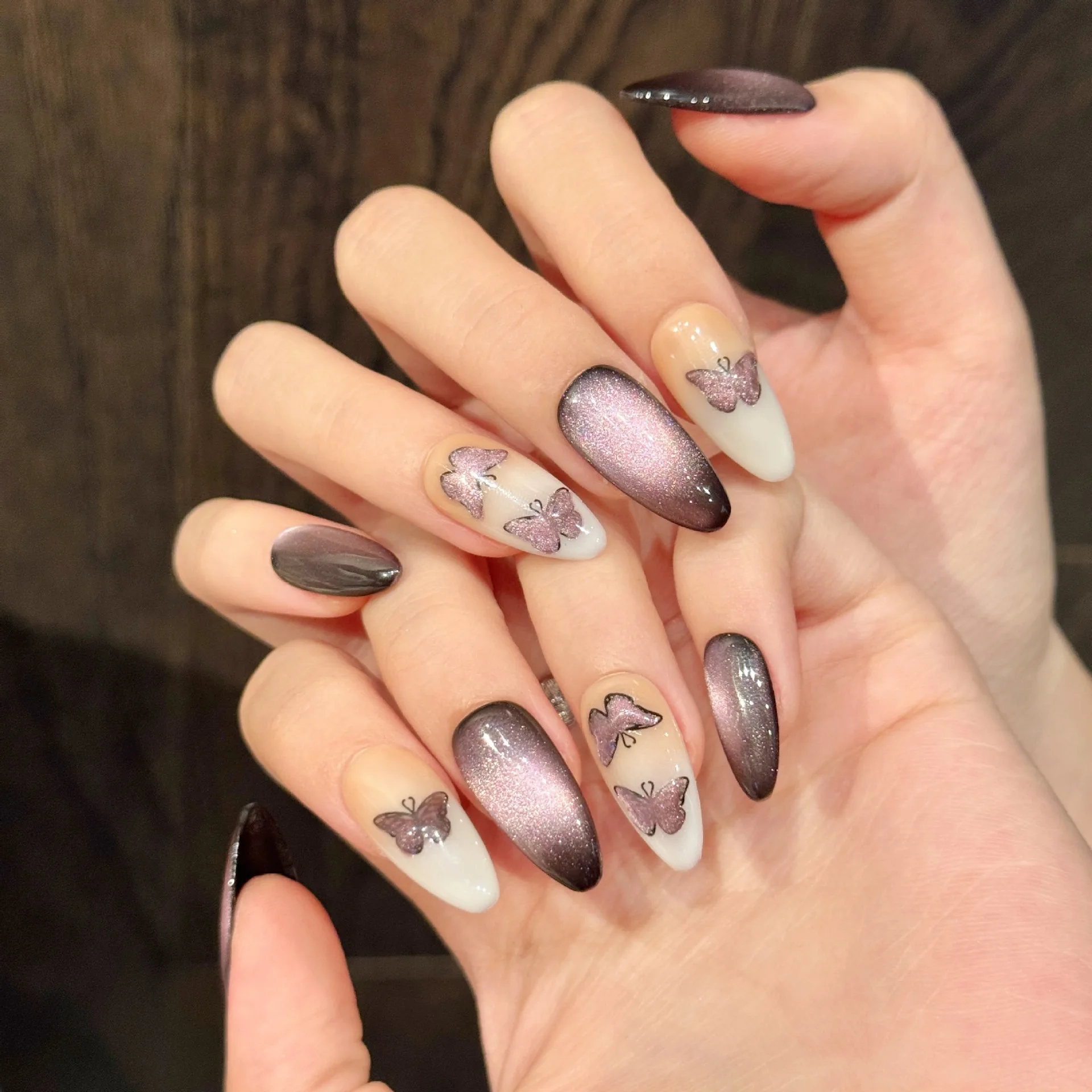 

10Pcs Handmade Press on Nails Dark Purple Butterfly Cat's Eye Full Coverage Nail for Women&Girl Detachable Wearable Fake Nail
