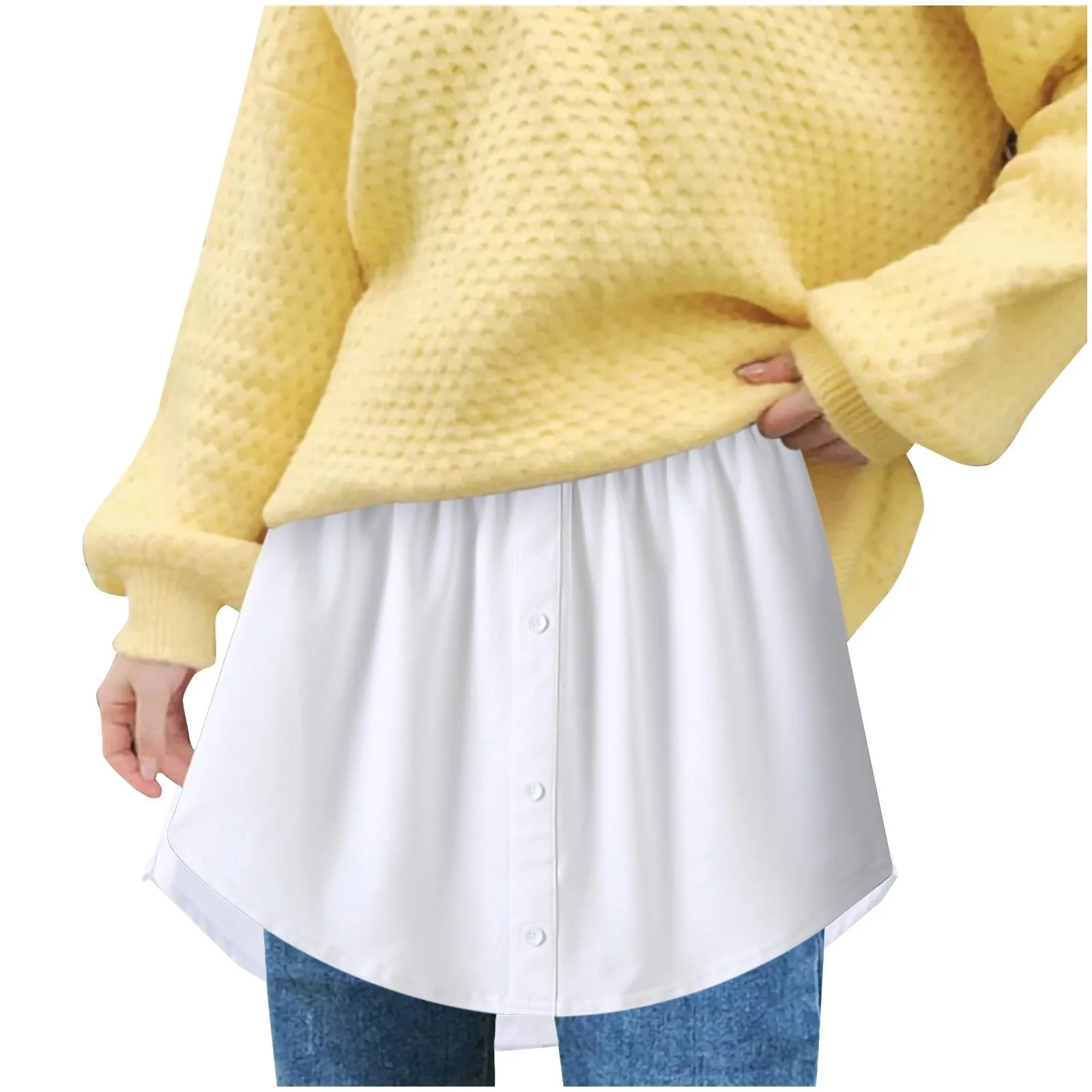 2pcs Women Underskirt Button Fake Shirt Hem Trim Plus Size Elastic Waist Solid Blouse Women's Tail Extender Mini Skirt