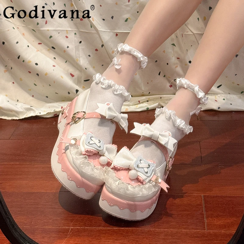 여성용 새 리본 두꺼운 밑창 싱글 슈즈 로리타 일본 스타일 스윗 슈즈 봄 메리 제인 JK 가죽 신발