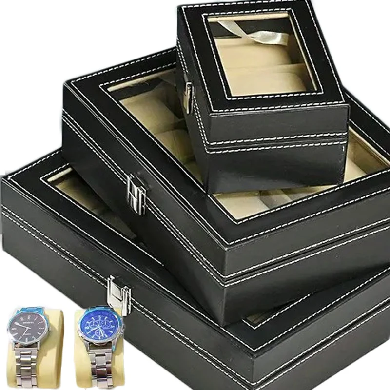 

Черная коробка-органайзер для часов из искусственной кожи, витрина для часов, дорожный органайзер, лоток, держатель для хранения коллекции часов для мужчин и женщин