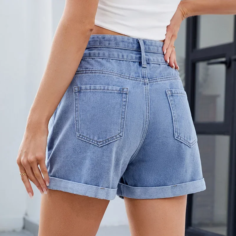 

Rolled Hem Casual Denim Shorts Women's Summer New Vintage High Waisted Streetwear Washed Straight Jean Shorts