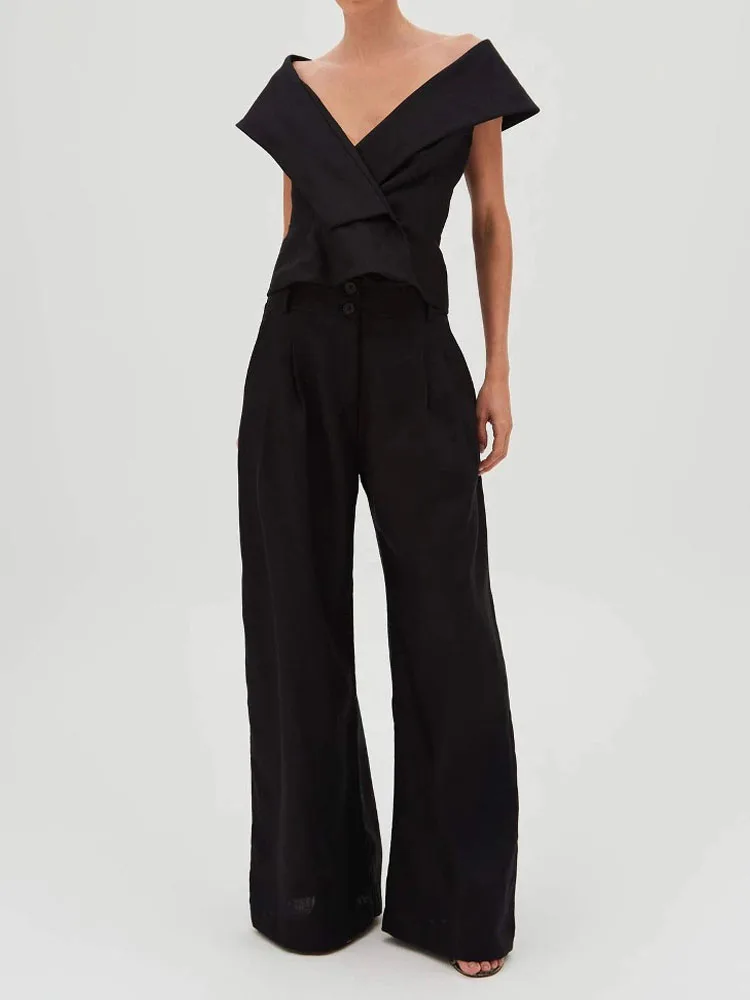 Escritório viajando tubo reto feminino de duas peças elegante calças de bolso conjunto casual sem mangas terno de cor sólida