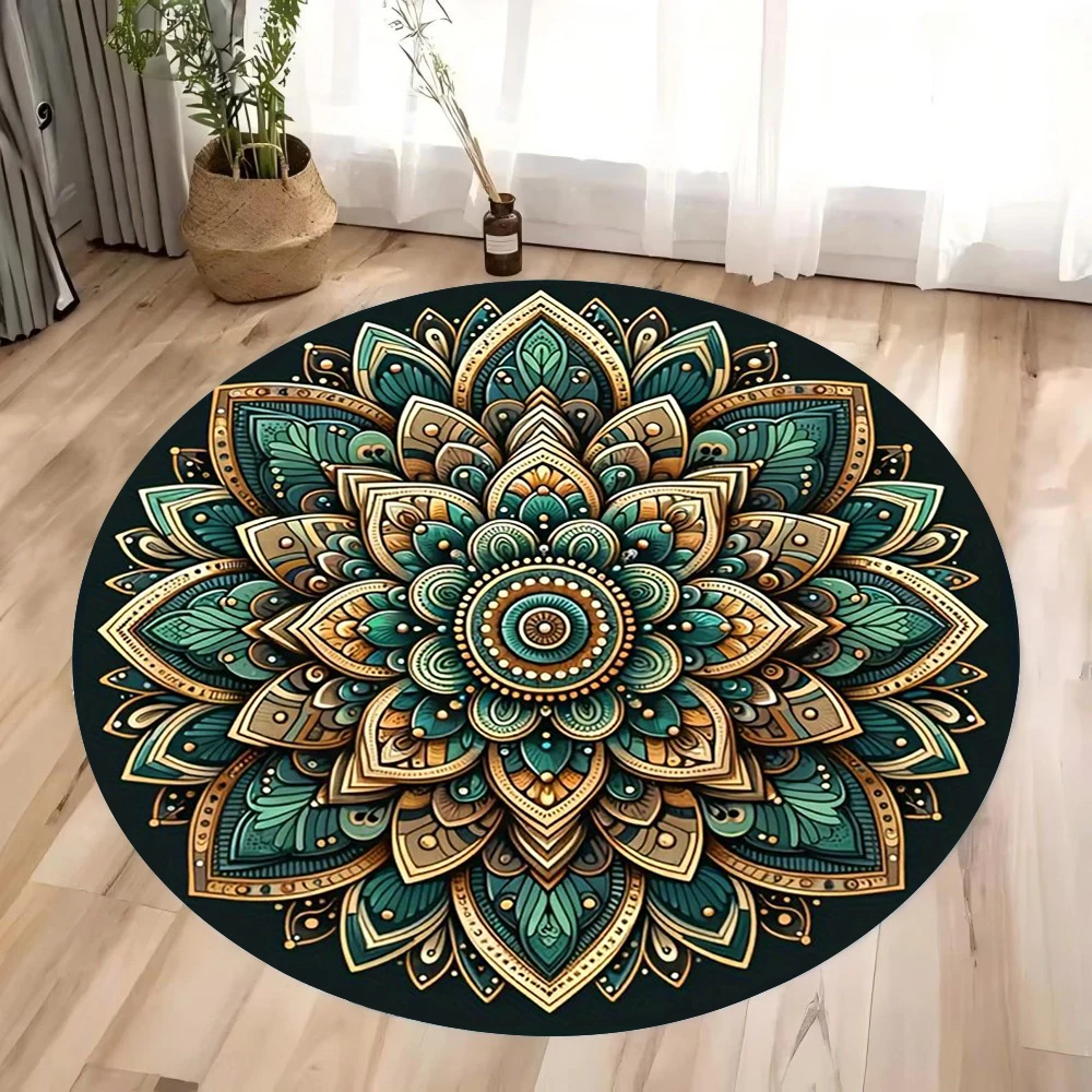 Colorful 3D Mandala Mystery Chakra Print Round Rug Meditation and Yoga Non-Slip Machine Washablefor Bedroom and Living Room