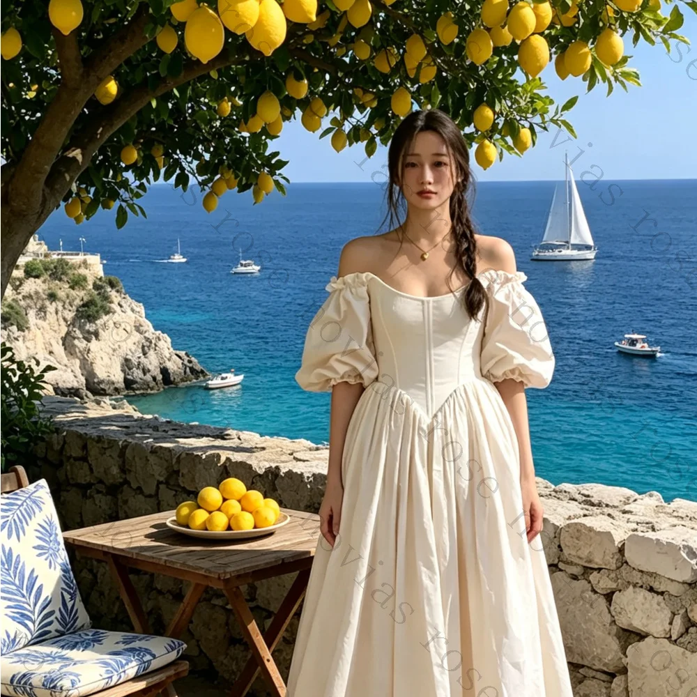 Customized Off Shoulder Puff Sleeve Linen A Line Wedding Dress Square Neck Simple Flowy Skirt Casual Mediterranean Bridal Gown