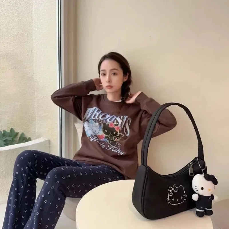 MBTI Hello Kitty Print Handbags for Women 2024 Fashion Black Casual Vintage Bag Nylon Zips Versatile Underarm Shoulder Bag