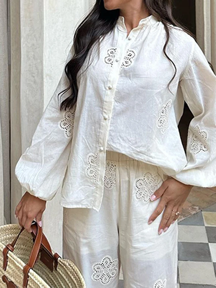 

Embroidery Hollow Out Shirt Pants Sets Women O-neck Lantern Sleeve Blouses Wide Leg Pants 2025 Summer Lady Casual Holiday Outfit