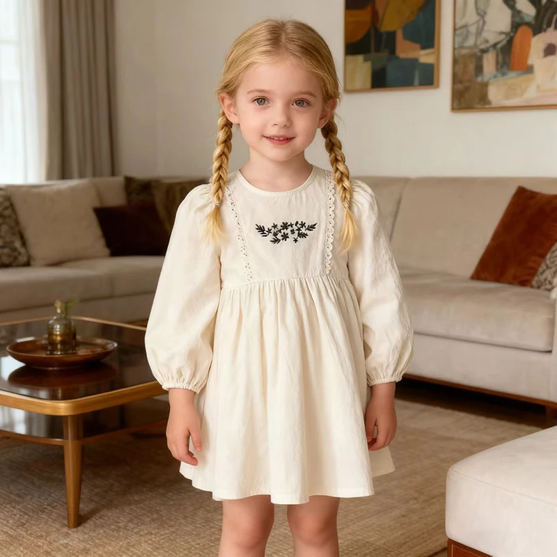 Herbst Frühling Kleinkind Mädchen Retro Kleid Baumwolle Kleid Lose Langarm Stickerei Babys Mädchen Süße Kleid Gespleißt Kinder Mädchen