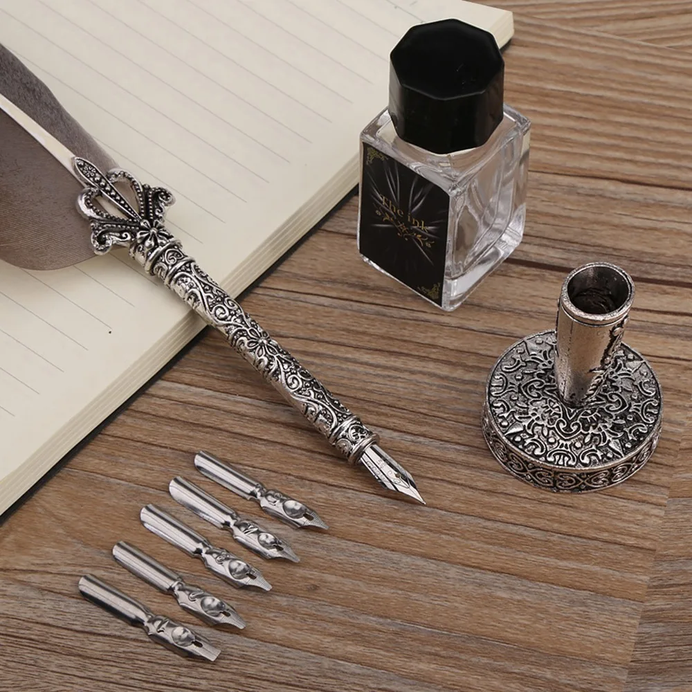 

Without Ink Calligraphy Feather Dip Quill Pen Retro Style Carved Base Calligraphy Writing Set 0.5mm-3mm Nib Feather Design
