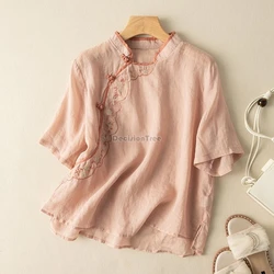 2026 chinese ethnic style women tea clothing vintage literature art temperament blouse new exquisite embroidery cotton linen top