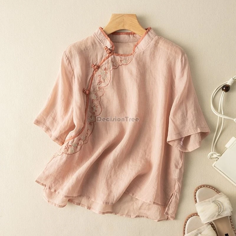 2024 chinese ethnic style women tea clothing vintage literature art temperament blouse new exquisite embroidery cotton linen top