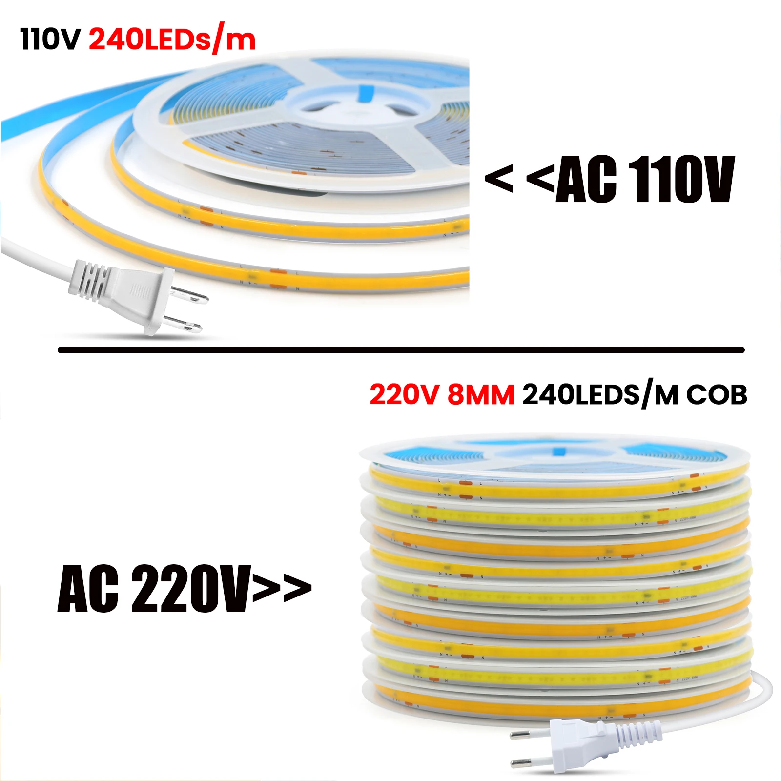 التيار المتناوب 110 فولت 220 فولت COB قطاع مع الاتحاد الأوروبي/الولايات المتحدة التوصيل 240 المصابيح/م 5 متر 10 متر 15 متر 20 متر 3000 كيلو 4000 كيلو 6000 كيلو IP20 شريط مرن مصباح ليد للديكور المنزل