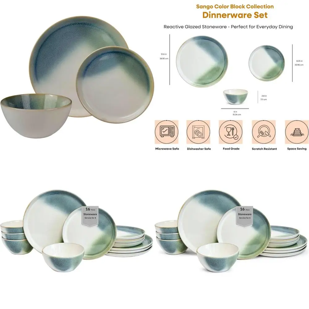 

12-Piece Stoneware Dinnerware Set in Glossy Blue, Green, and White for 4 with Premium Plates and Bowls, Chip Resistant, Ceramic,
