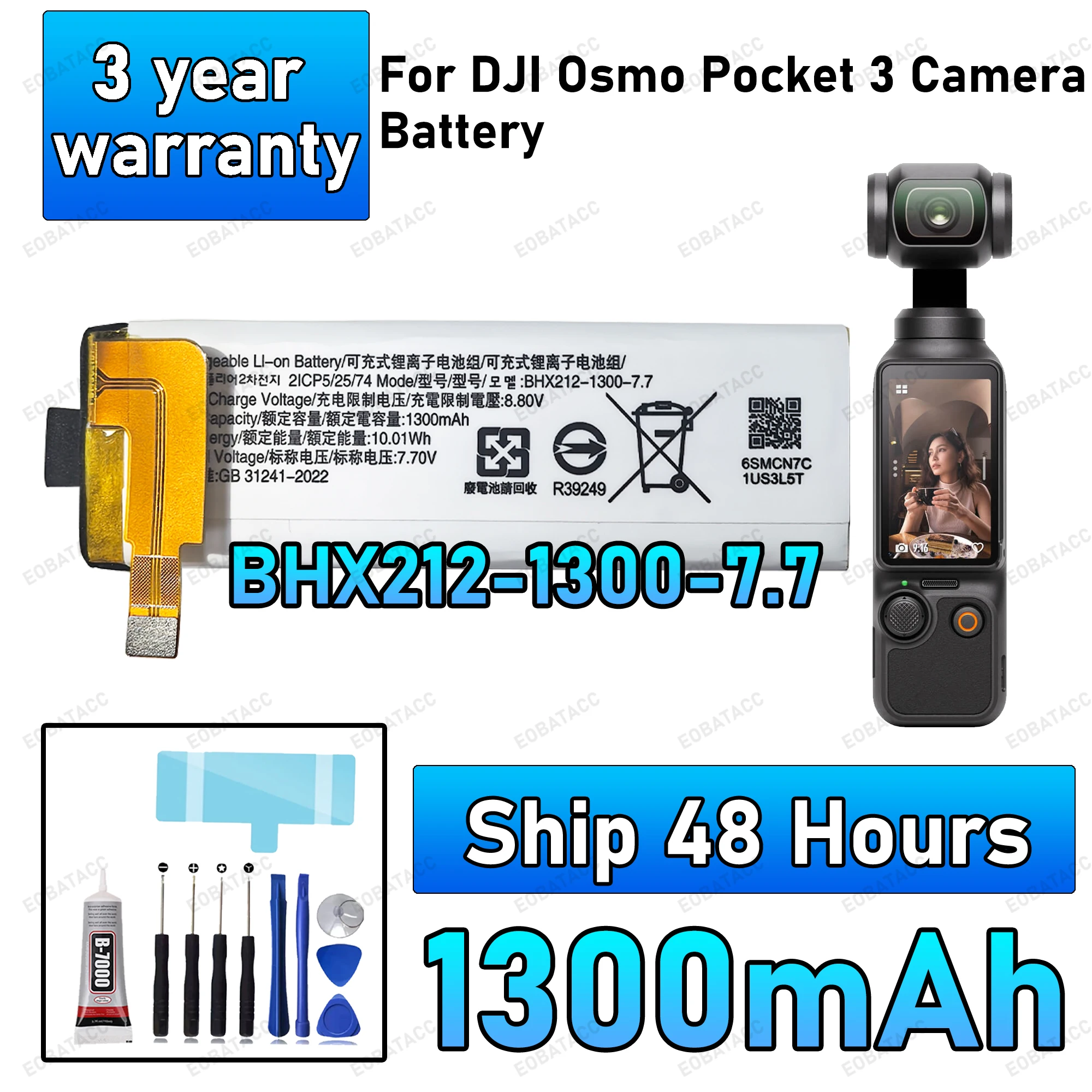

100% New Zero Cycle BHX212-1300-7.7 Replacement Battery For DJI Osmo Pocket 3 Camera Accessories Battery Bateria+Free Tools