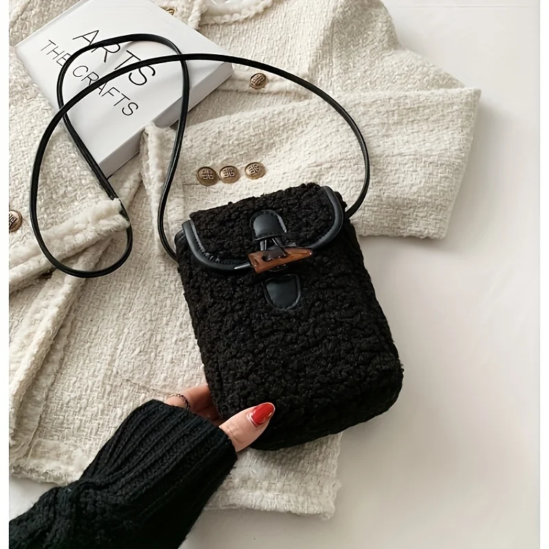 Fashionable Women's Faux Fur Crossbody Phone Soft Plush Square Shoulder Bag With Safety Buckle Closure - Available Colors: