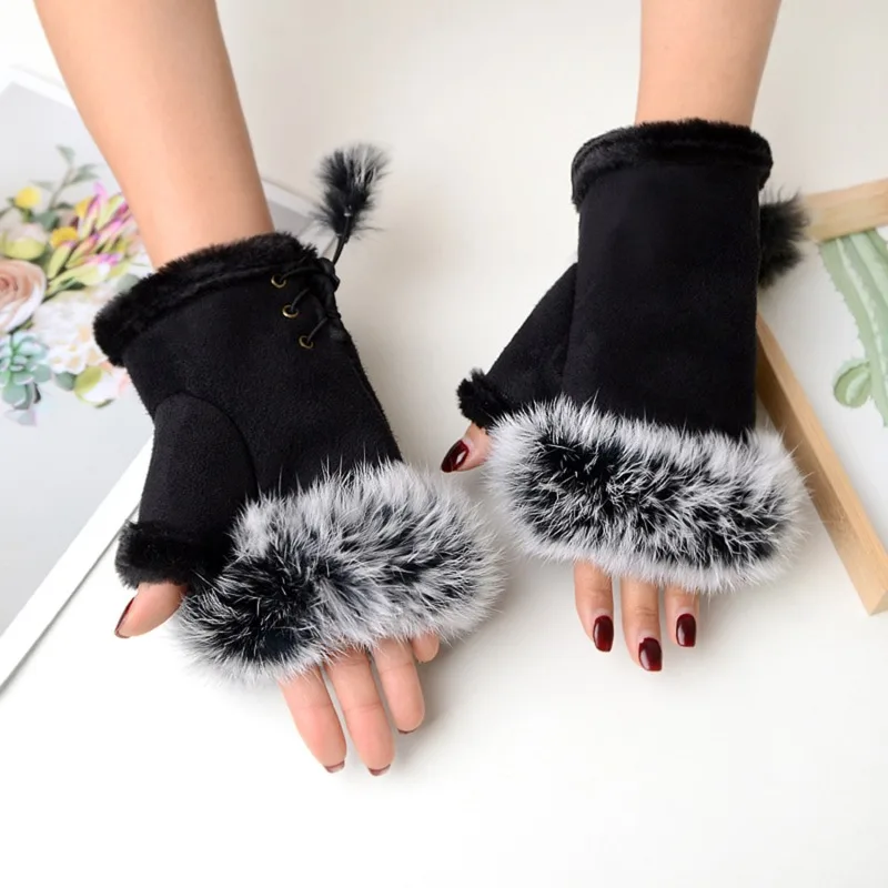 Women's Winter Faux Rabbit Fur Gloves - Fashionable Fingerless Mittens With Faux Leather Wrist Warmers 