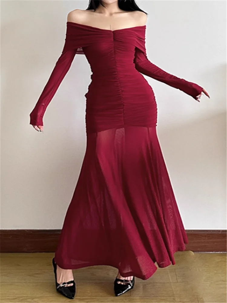 Women Long Sleeve Off Shoulder Red Black Long Dress New Sexy Slash Neck Mesh Patchwork Dress Strapless Sheer Pencil Party Dress