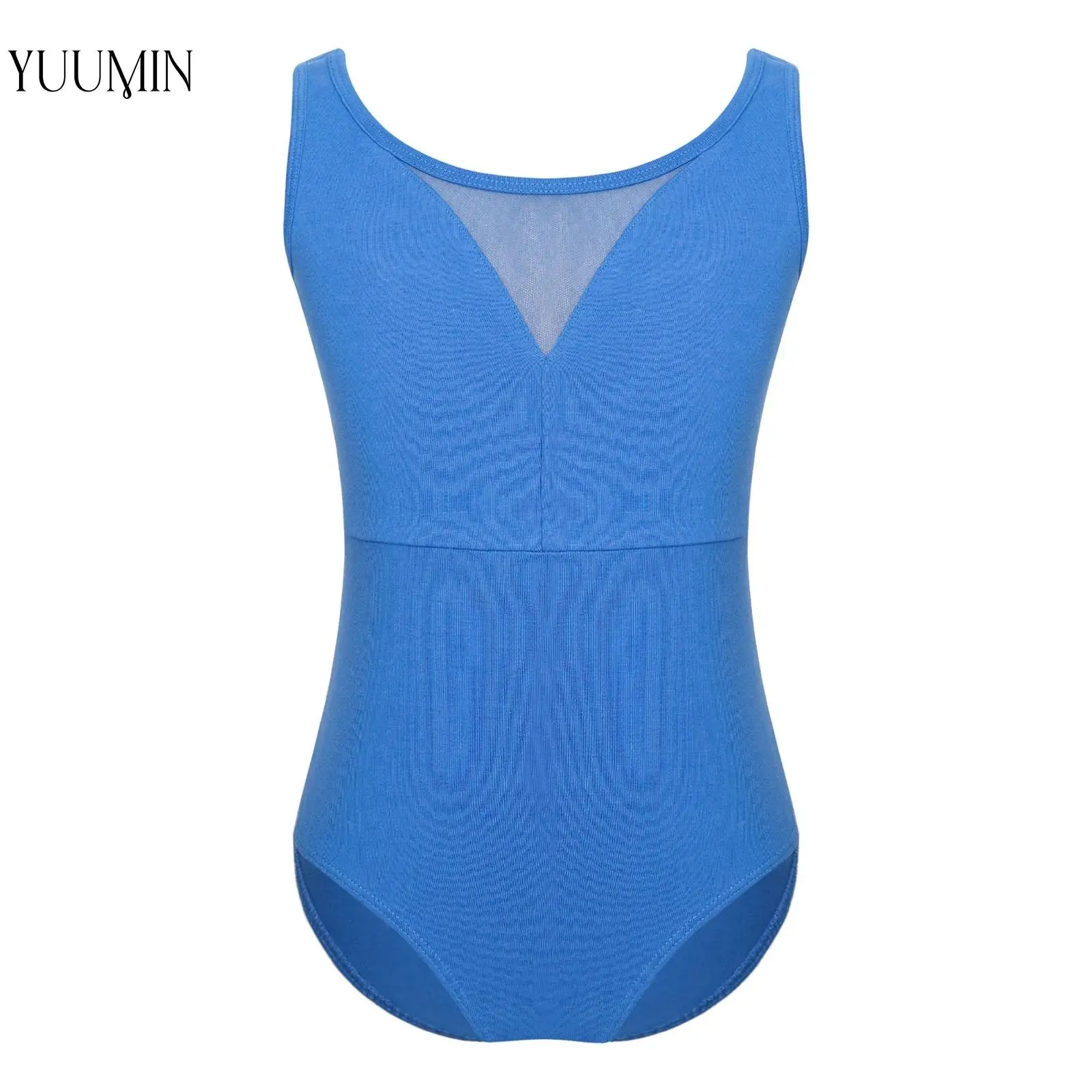 Swimsuit for Children Sheer Mesh Patchwork V-Back Sleeveless Bodysuit Ballet Dance Leotard Gymnastics Training Stage Performance