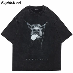 Men Hip Hop Oversized Washed Black T-Shirt Streetwear Doberman Dog Graphic T Shirt Harajuku Cotton Loose Summer Tshirt Hipster