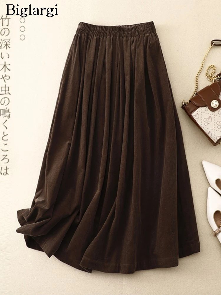 

Oversized Corduroy A-Line Autumn Winter Skirt Women Ruffle Pleated Loose Fashion Ladies Skirts Elastic Waist Woman Long Skirt