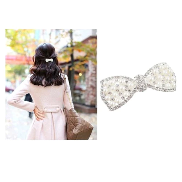 

Заколка для волос с жемчугом и стразами и бантом 8,0X3,1 см, белая женская заколка для волос, держатель для хвоста, заколка для девочек, женский аксессуар для укладки волос