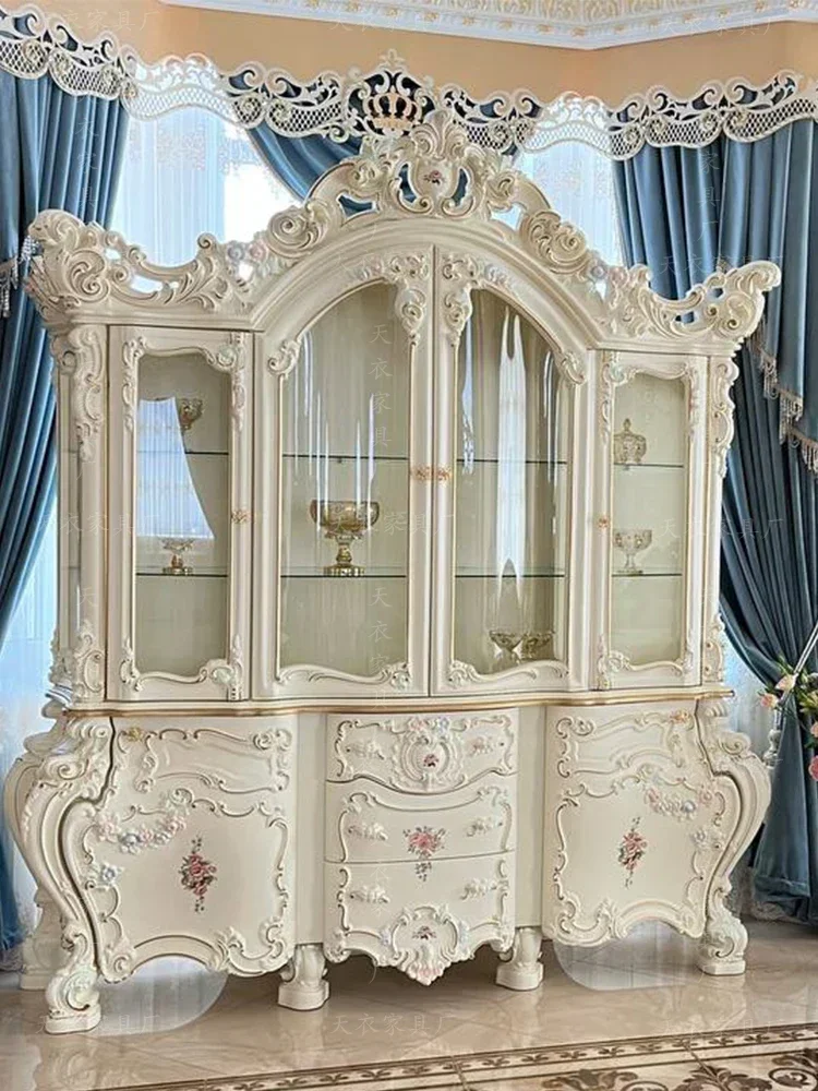 French luxury ivory white painted four-door European style large wine cabinet living room villa solid wood wine cabinet