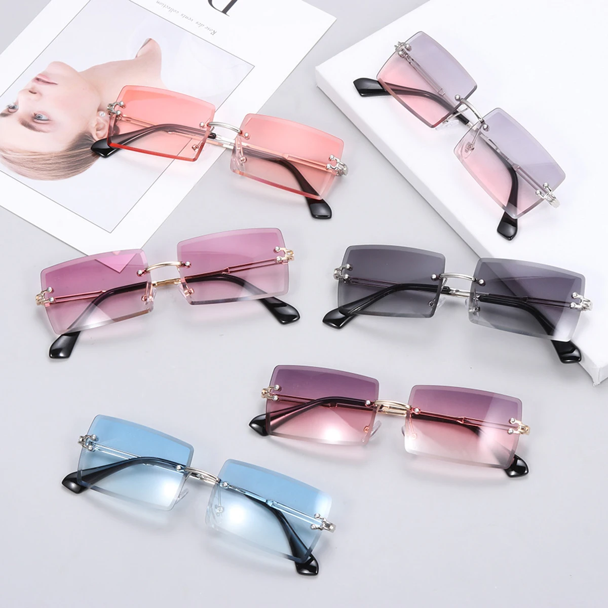 Rimless Sunglasses Ocean Film Progressive Film Sunglasses Metal Square Fashion Sunglasses Women's Sunglasses