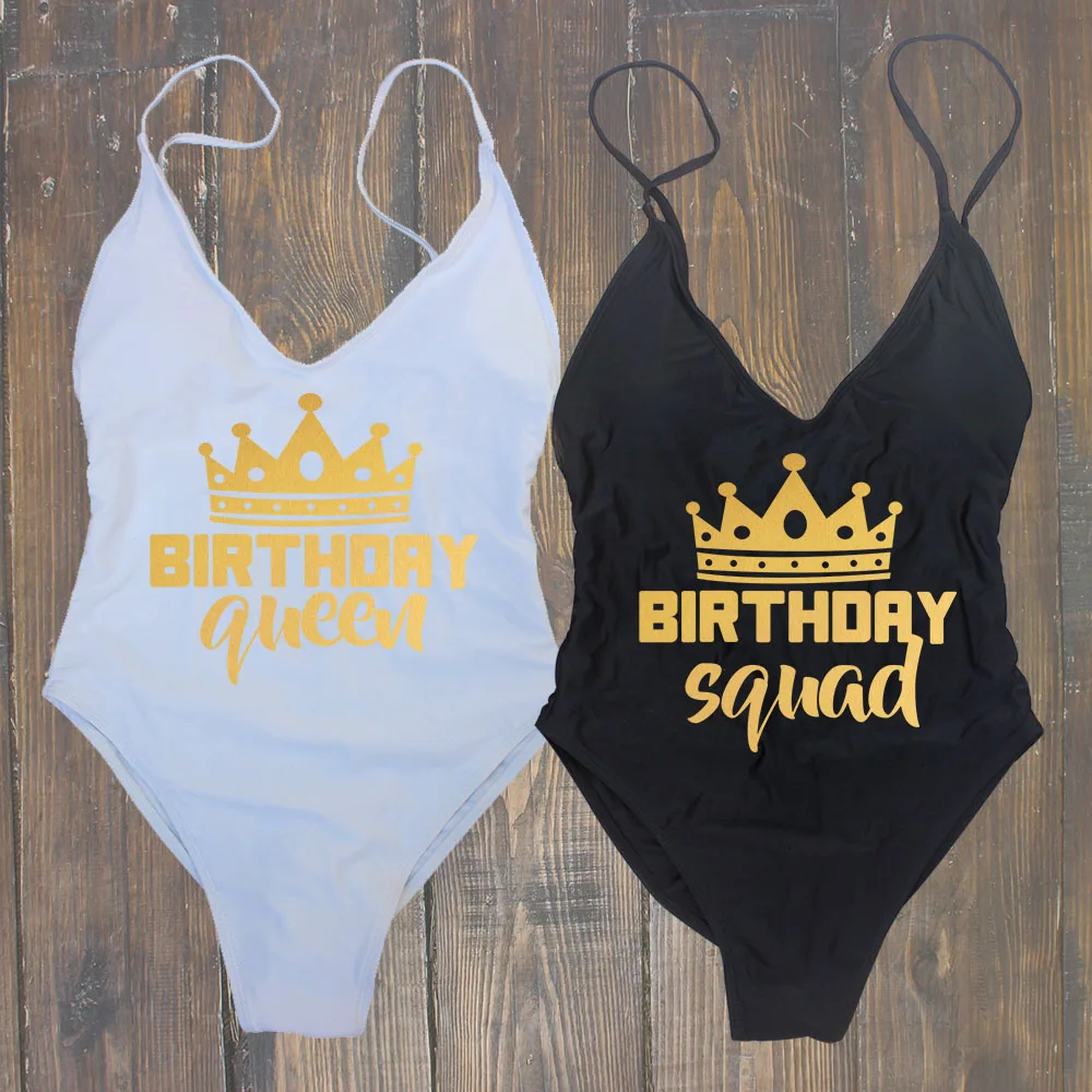 

Padded Swimwear Birthday Party Queen & Squad Women High Leg Swimsuit Fun Beachwears Birthday Girl One Piece Gift Swimsuit