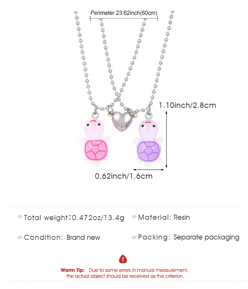2pc Cute Luminous Turtle Pendant Necklace Magnetic Heart Neck Jewelry Couple Valentine's Day Necklaces Gifts Accessories
